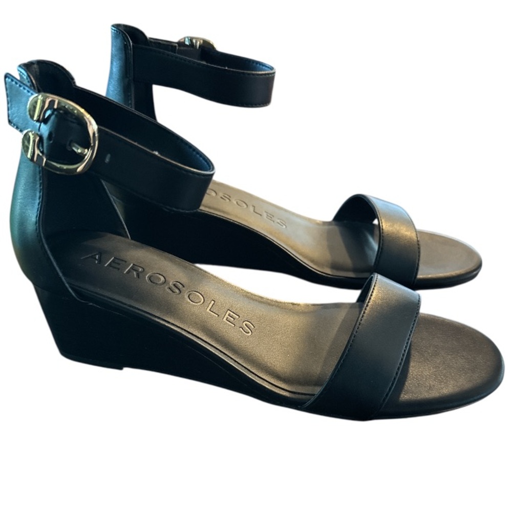 AEROSOLES Black combo Wedge NEW Sandals with Ankle Strap 10 Willis